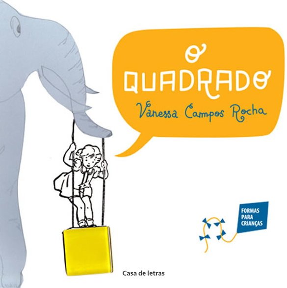 Ilustração de uma garota sobre um quadrado amarelo, pendurado na tromba de um elefante.